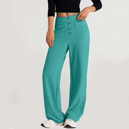 Pantalon à jambes droites pour femmes, classique, Simple, solide, taille haute, mode, poches à boutons, taille élastique, décontracté, nouvelle collection