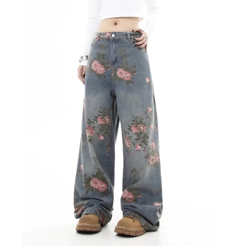 Jean Baggy à fleurs bleues pour femmes Y2K, Harajuku japonais, esthétique, taille haute, jambes larges, pantalon rétro, vêtements 2025