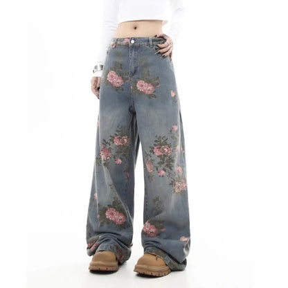 Jean Baggy à fleurs bleues pour femmes Y2K, Harajuku japonais, esthétique, taille haute, jambes larges, pantalon rétro, vêtements 2025