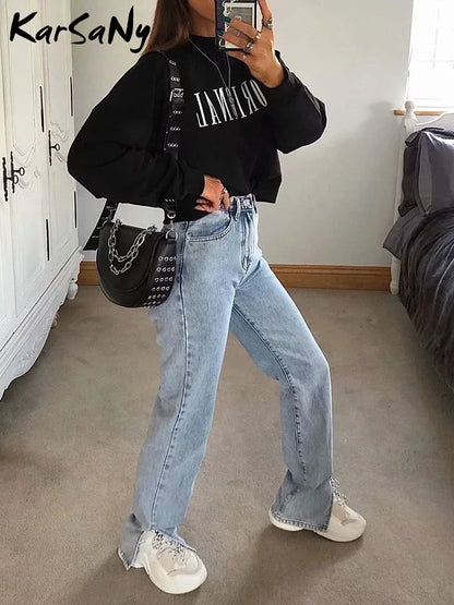 Jean droit Slim fendu pour femme, pantalon en Denim, taille haute, Vintage, Long, fente à la cheville, noir, 2023