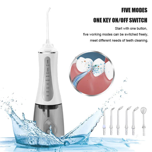 Irrigateur buccal portable, hydropulseur, aste, jet d'eau dentaire pour les dents, précieux, étanche, nettoyeur de dents, 6 embouts, 5 modes, 350ml