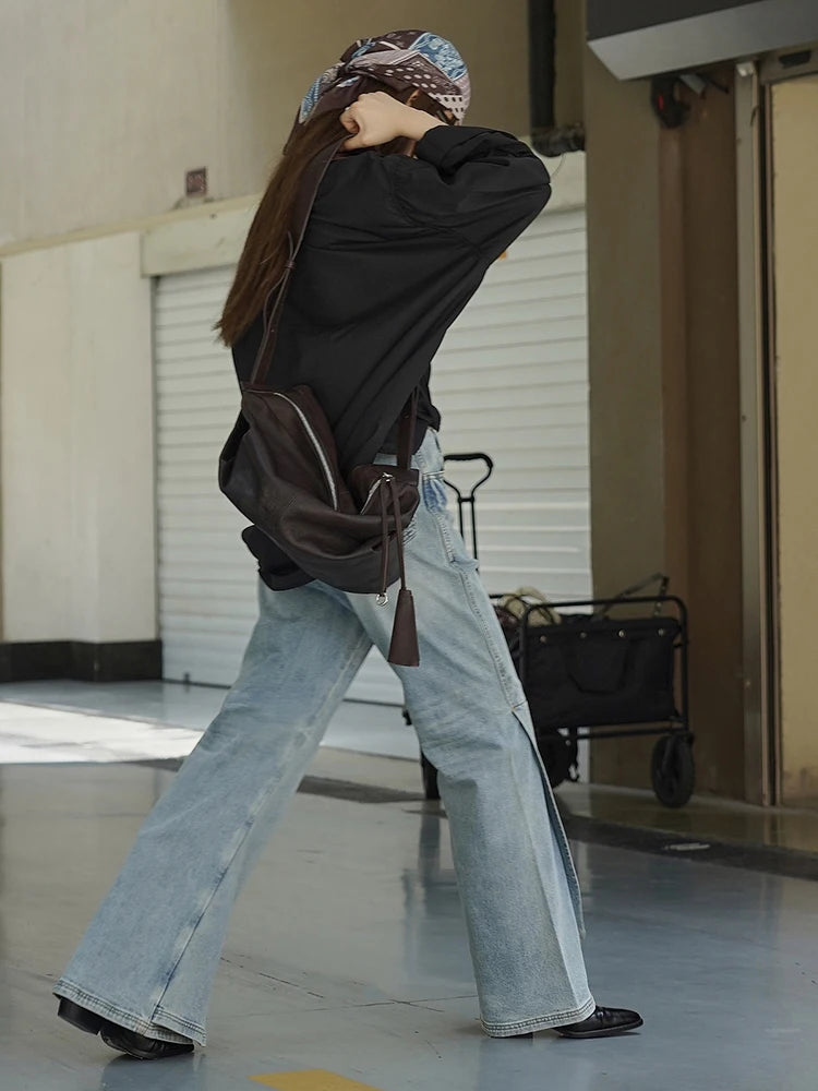 [EAM] taille haute bleu Denim fente irrégulière Vintage Long Flare jean nouvelles femmes pantalons mode marée printemps automne 2025 1DJ2961