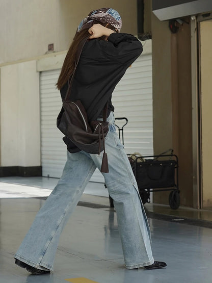 [EAM] taille haute bleu Denim fente irrégulière Vintage Long Flare jean nouvelles femmes pantalons mode marée printemps automne 2025 1DJ2961