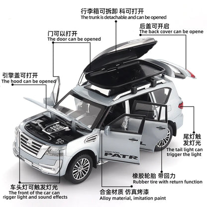 Nissan Patrol – SUV tout-terrain en alliage métallique moulé sous pression, modèle de voiture à retirer, série son et lumière, jouet pour garçons, cadeau d'anniversaire, 1:32