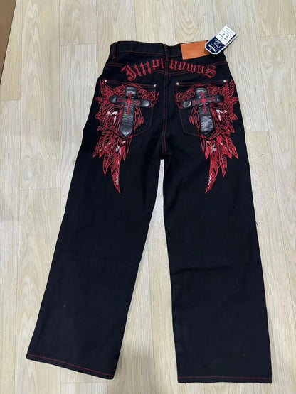 Y2K – jean Baggy rétro pour hommes, broderie croisée américaine, Patchwork, ample, Streetwear, pantalon gothique à jambes larges