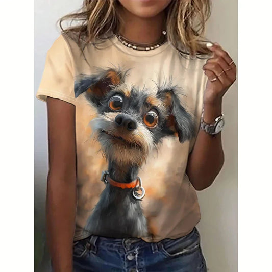 T-shirt manches courtes col ras du cou pour femme, vêtement surdimensionné, décontracté, imprimé chien, 3d, à la mode, été