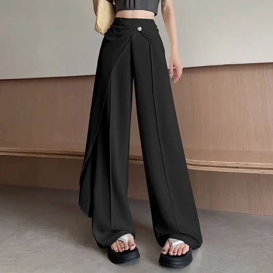 Pantalon à jambes larges en mélange de mousseline de soie pour femmes, taille haute, jambe droite, longueur au sol
