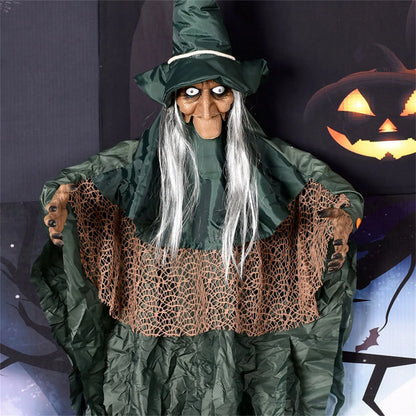 Sorcière parlante d'halloween, sorcière effrayante et effrayante, animatronique, contrôlée par la voix, scintillante, décoration de maison hantée