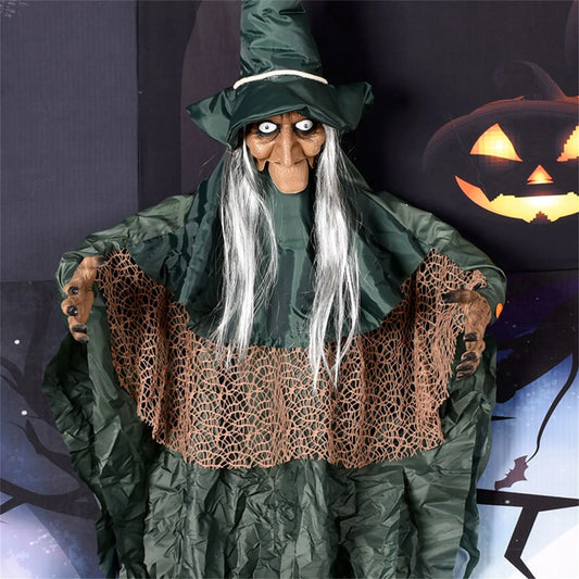 Sorcière parlante d'halloween, sorcière effrayante et effrayante, animatronique, contrôlée par la voix, scintillante, décoration de maison hantée