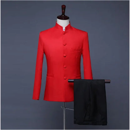 Blazer à col montant de style chinois pour hommes, couleur pure, affaires, formel, banquet de mariage, trempé, rouge, blanc, mâle, nouveau, fjj, 2 pièces