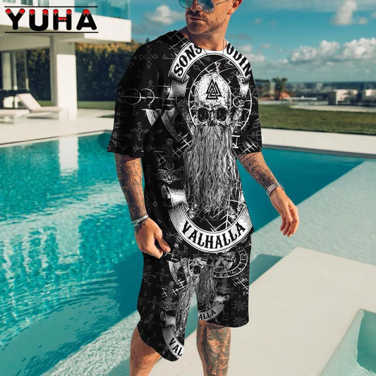 YUHA – ensemble t-shirt manches courtes pour hommes, vêtements d'été pour hommes, impression de squelette Terrible en 3D, Short décontracté, survêtement masculin 2 pièces, nouvelle collection