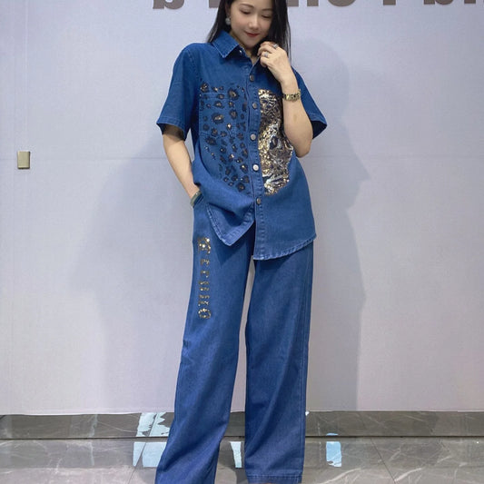 Mode 2 pièces ensembles femmes tenues dessin animé léopard diamants Denim pantalon ensemble été décontracté Cardigan à manches courtes Cowboy survêtement