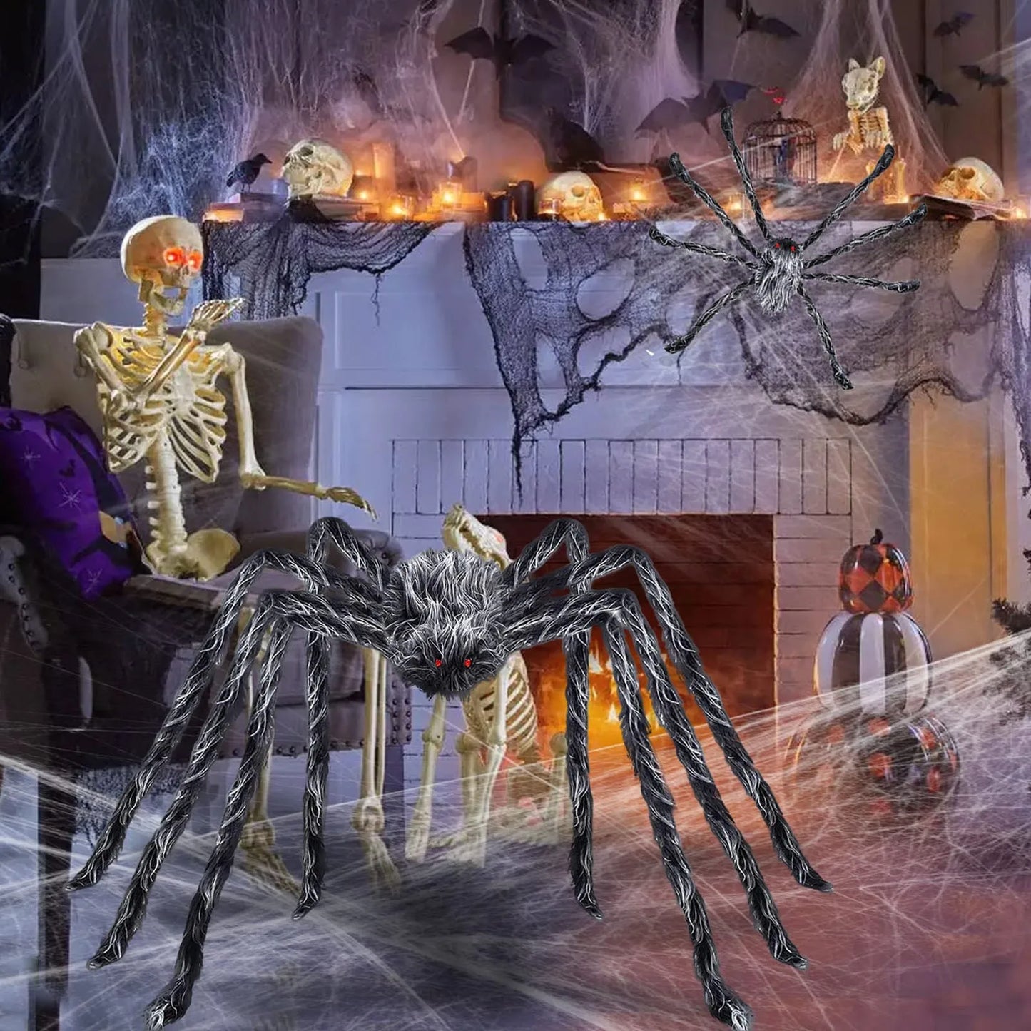 Araignée en peluche grise et blanche scintillante pour Halloween, fausse araignée géante en peluche, décor de maison hantée, accessoires d'araignée, décorations effrayantes pour jardin et cour
