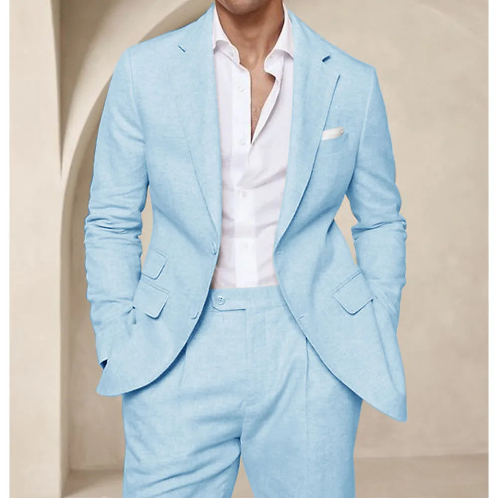 Costume deux pièces en lin pour hommes, Cool, respirant, élégant, mode, Design Slim, robe de mariée, vêtements de travail, confortable, nouveau, été