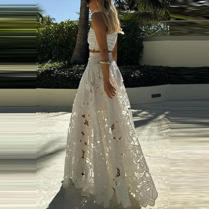 Jupe de soirée creuse en Crochet brodé blanc pour femmes, costume de tempérament élégant, haut sans manches et jupe longue, ensemble Chic pour dames