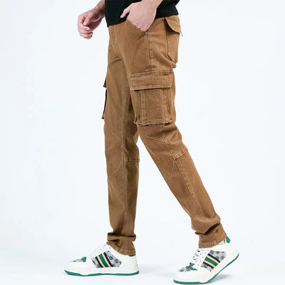 Pantalon cargo en denim pour hommes, taille élastique, couleur unie, délavé, coupe cintrée, décontracté, avec plusieurs poches, pour un usage quotidien
