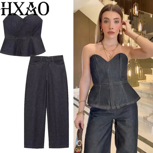 HXAO Sexy Denim pantalon ensemble 2025 femmes printemps 2 pièces hauts Corset pantalons à jambes larges mode décontracté élégant pantalon ensemble tenue