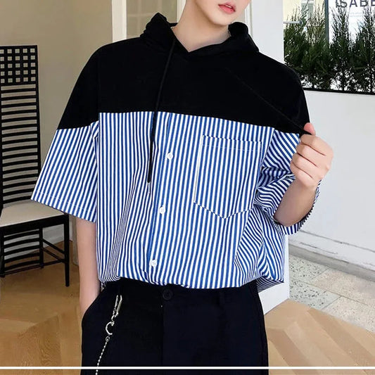 Chemise à capuche rayée à manches courtes, haut de gamme, design personnalisé, décontracté, imprimé, respirant, nouveau, été, 2024
