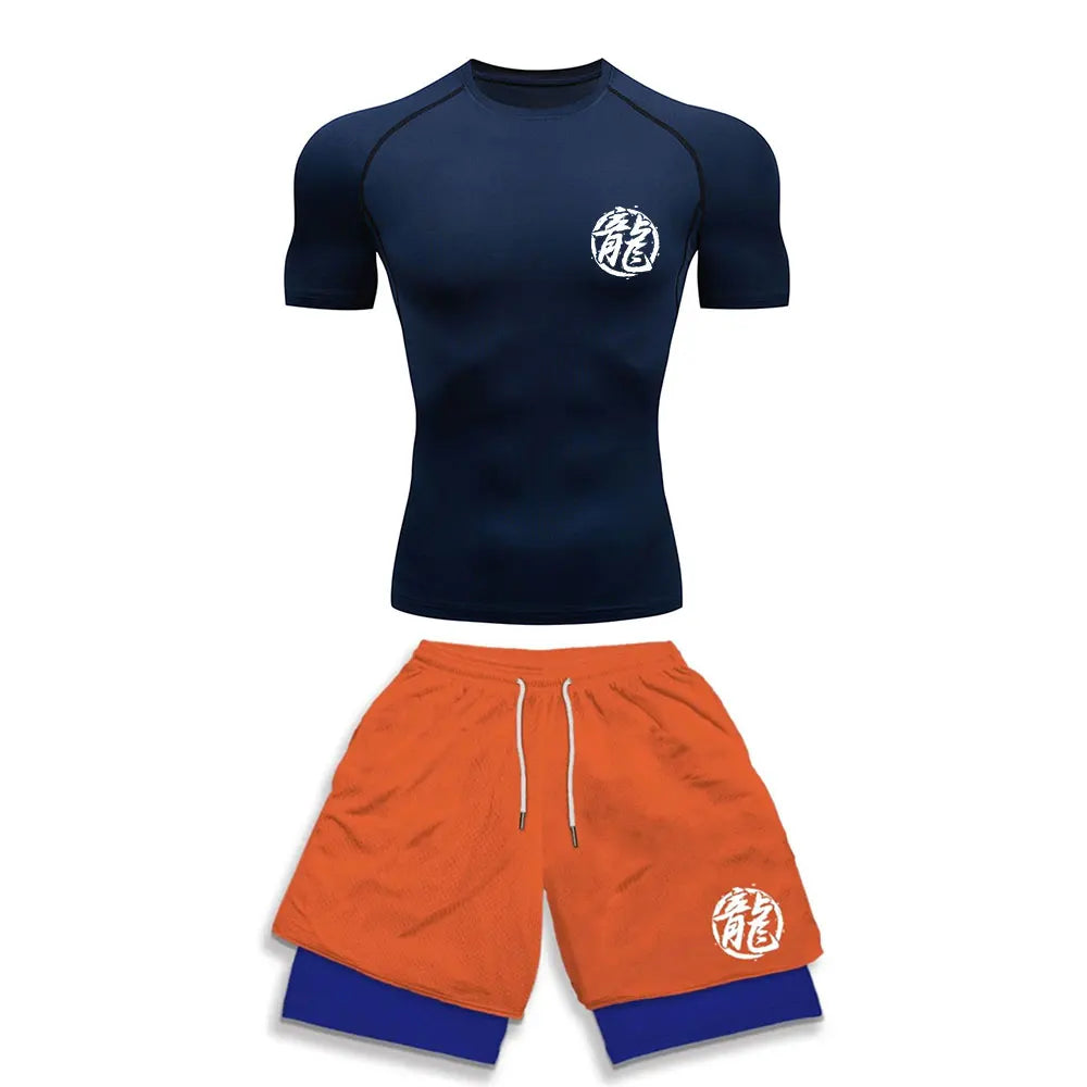 Chemise de Compression + short de gymnastique 2 pièces entraînement été Anime imprimé ensemble de Compression de gymnastique course Sport Fitness costume pour hommes vêtements de Sport