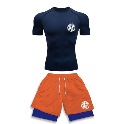 Chemise de Compression + short de gymnastique 2 pièces entraînement été Anime imprimé ensemble de Compression de gymnastique course Sport Fitness costume pour hommes vêtements de Sport