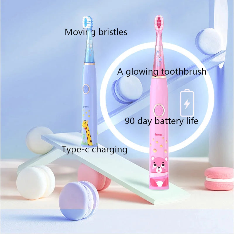 Brosse à dents électrique sonique pour enfants, dessin animé avec lumière LED colorée, étanche IPX7, nettoyage total des dents, brosse à dents de soin Rechargeable