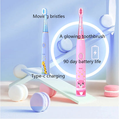 Brosse à dents électrique sonique pour enfants, dessin animé avec lumière LED colorée, étanche IPX7, nettoyage total des dents, brosse à dents de soin Rechargeable