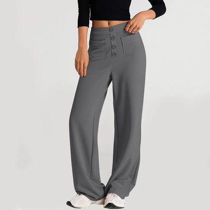 Pantalon à jambes droites pour femmes, classique, Simple, solide, taille haute, mode, poches à boutons, taille élastique, décontracté, nouvelle collection