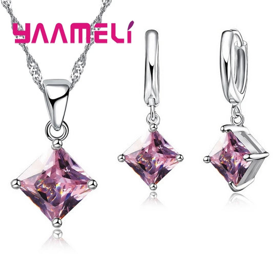 Ensembles de bijoux en argent regardé 925 pour femmes, boucles d'oreilles carrées à géométrie simple, collier en cristal,
