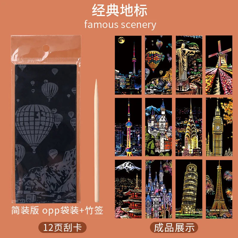 Marque-page à gratter pour scène de nuit de ville de renommée mondiale, 12 pièces, élimine le revêtement gris, peinture à la main, jouets amusants faits à la main pour enfants, marqueur de livre