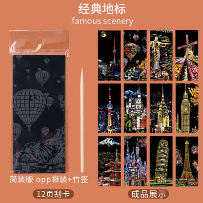 Marque-page à gratter pour scène de nuit de ville de renommée mondiale, 12 pièces, élimine le revêtement gris, peinture à la main, jouets amusants faits à la main pour enfants, marqueur de livre