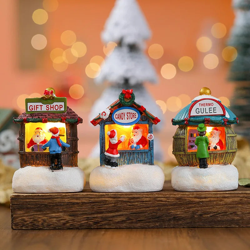 Maison LED de noël, aiguilles de pin, bonhomme de neige de noël, décoration lumineuse en résine, boutique de père noël, Micro ornements de paysage