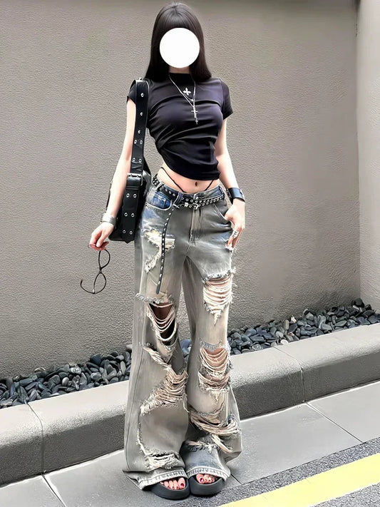 Jean déchiré délavé pour femmes, grande taille, gros mm, rétro américain, Spice Girl, pantalon ample à jambes larges, nouvelle collection été