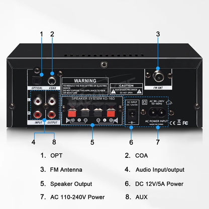 Woopker amplificateur Audio AK55 HiFi stéréo Channel2.0 RMS70W * 2 Bluetooth 5.3 prise en charge AUX/OPT/RCA amplificateur de puissance de caisson de basses alimenté