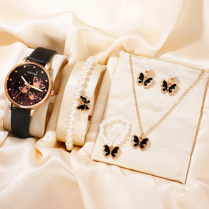 Montre à quartz avec cadran papillon rose pour femme, montre-bracelet en cuir pour femme, design de marque de luxe, mode féminine, ensemble de 6 pièces