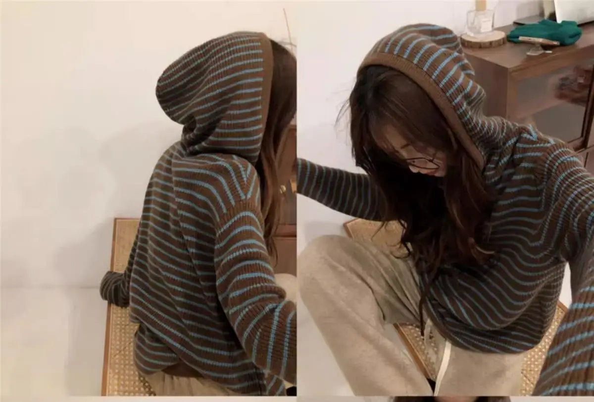 2025 nouveaux hauts large décontracté coréen à capuche rayé mode pull vêtements chauds femmes automne et hiver à capuche