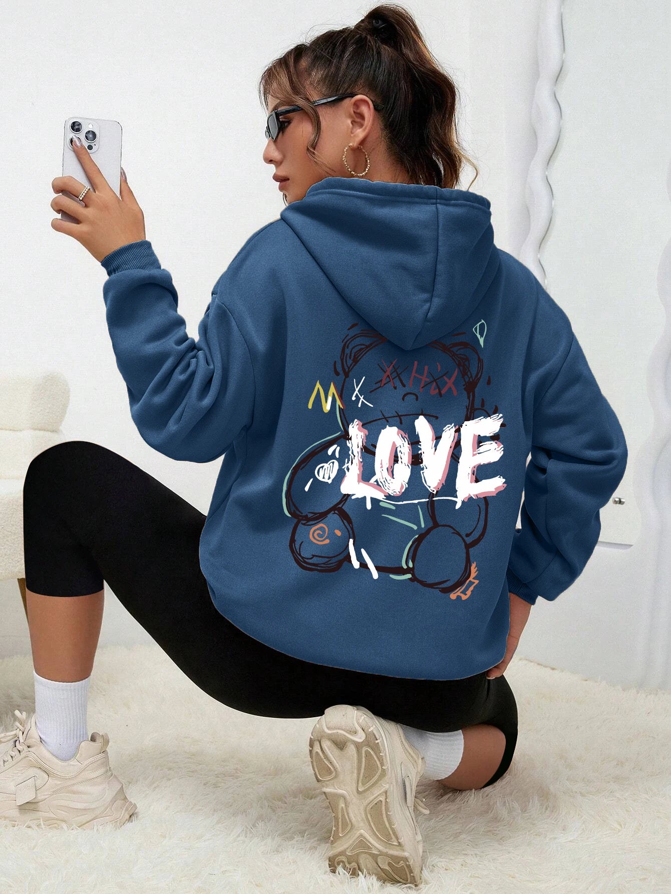 Graffiti ligne ours Simple imprimé femme à capuche Harajuku s-xxl sweat mode décontracté rue à capuche automne chaud Streetwear femmes