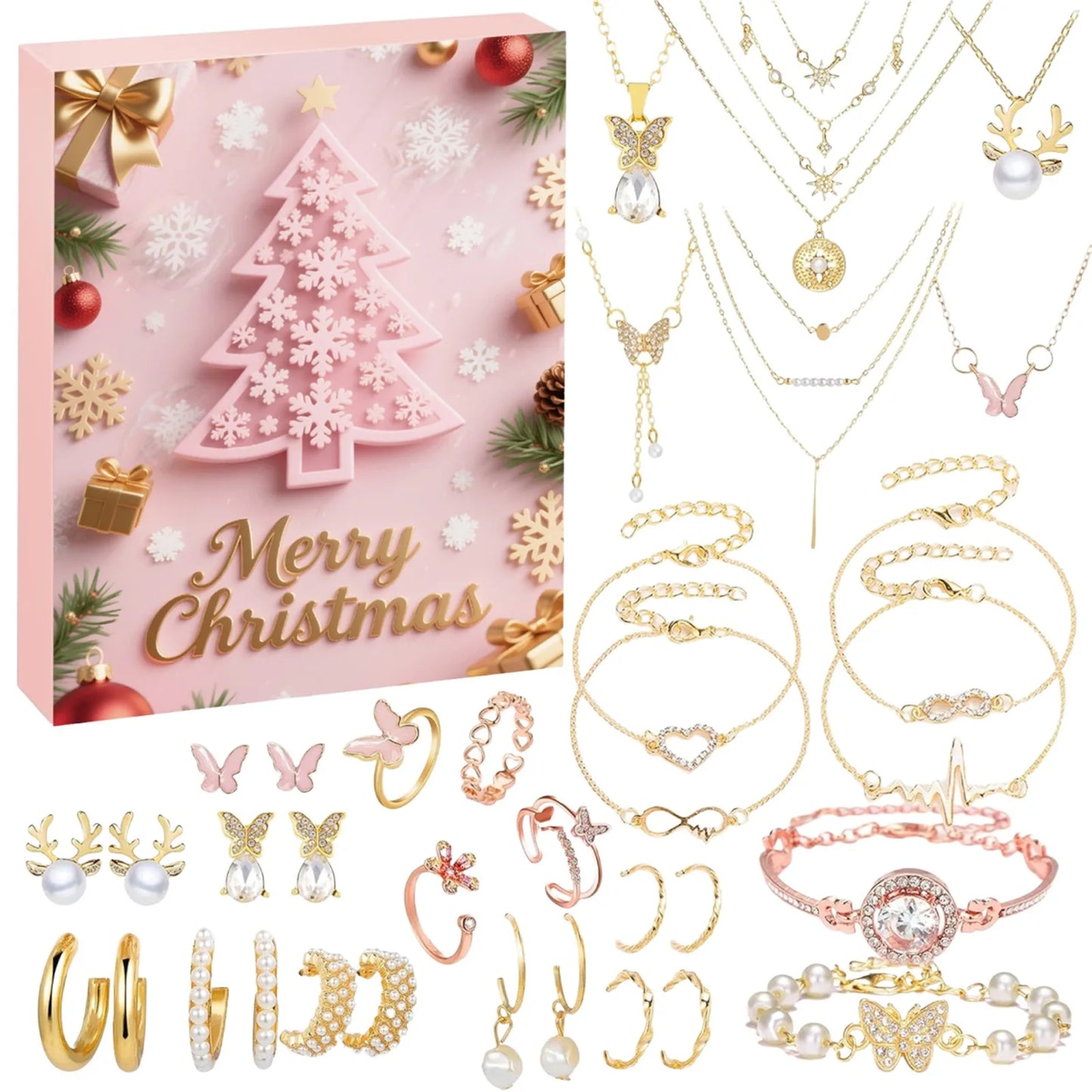 Calendrier de compte à rebours de noël 24 jours, calendrier de l'avent, collier, Bracelet, boucles d'oreilles, cadeaux de noël