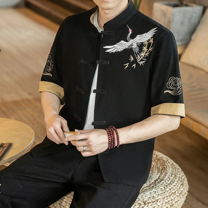 Cardigan en lin à col montant brodé pour hommes, haut décontracté, manches courtes, style chinois, grue, chapelle Kungfu Tai, Tang imbibé, nouveau