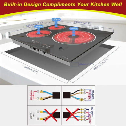 NOXTON Plaque de cuisson en céramique intégrée 3 feux, Table de cuisson électrique en verre cristal noir avec commande tactile, Minuterie, verrouillage pour enfants, 5700w, pas de prise incluse