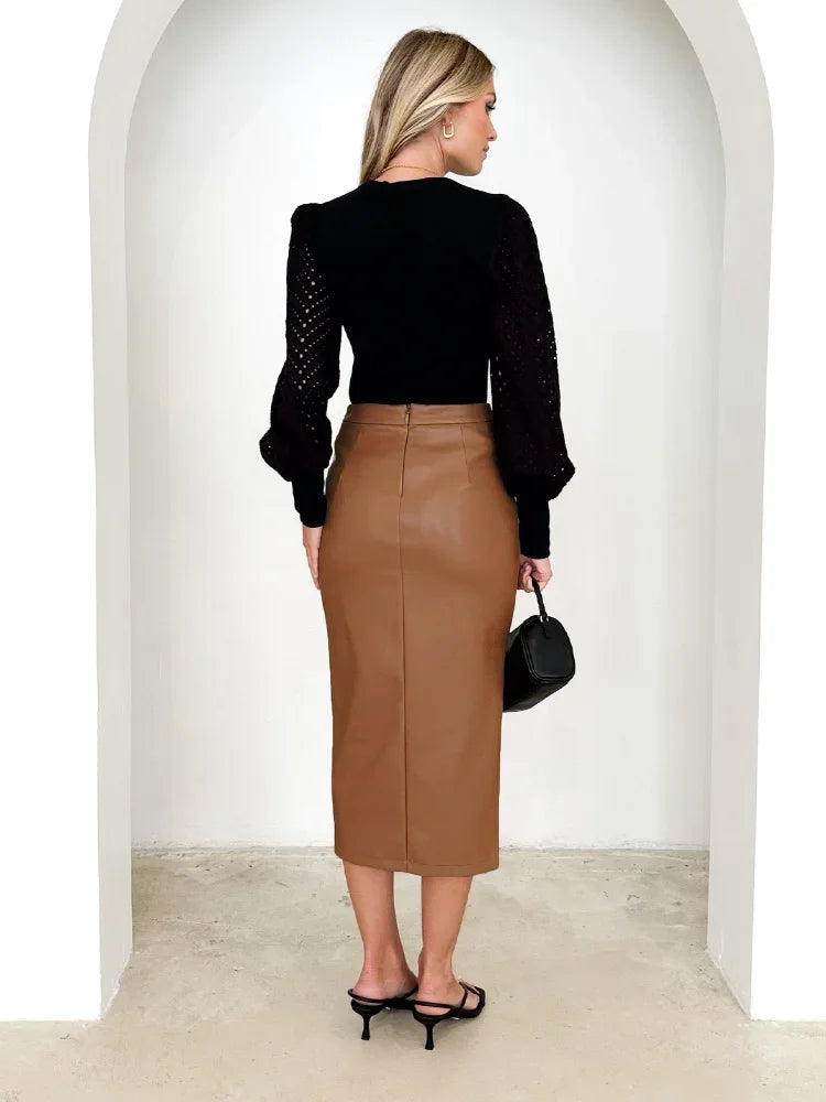 Jupe mi-longue en cuir PU pour femme, taille haute, fermeture éclair élégante, jupes fendues sur le devant, faux cuir noir, jupe pliée pour femme, automne