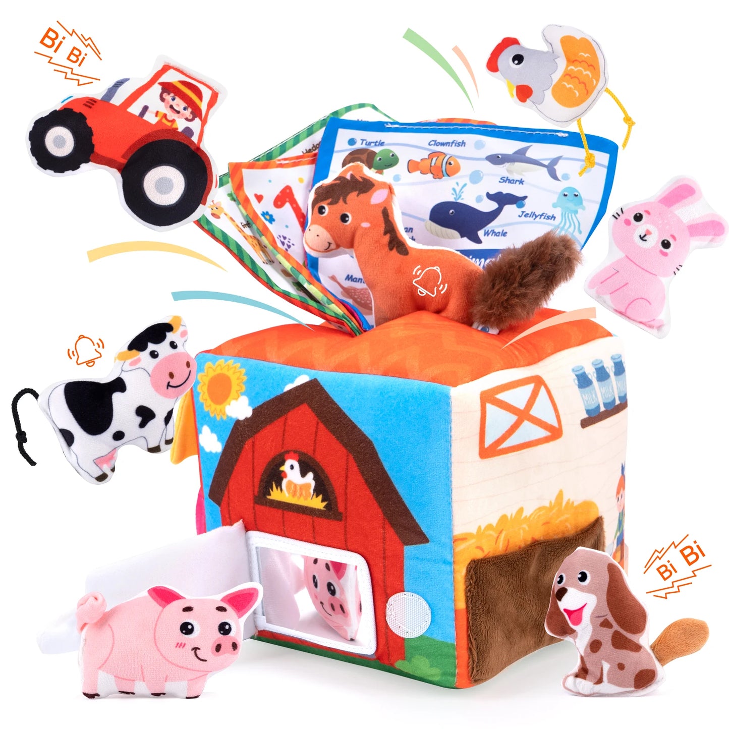 Boîte à mouchoirs en peluche douce pour bébé, ensemble de maison d'animaux de ferme simulés avec son, jouets de Cognition sensorielle pour tout-petits, jouets Montessori