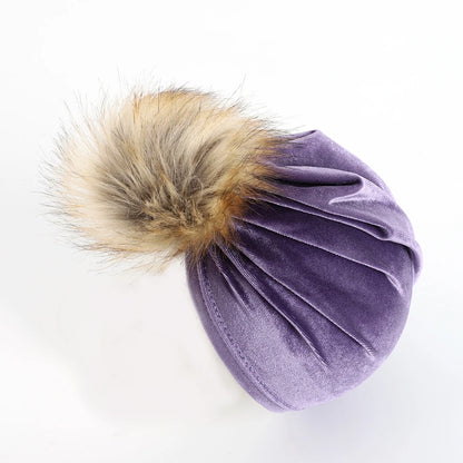 Chapeau boule de fourrure en tissu velours solide pour enfants garçons filles bébé accessoires de photographie grand pompon nœud supérieur automne hiver oreille bonnet chaud