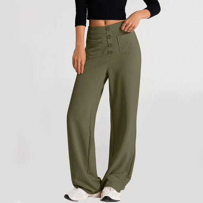 Pantalon à jambes droites pour femmes, classique, Simple, solide, taille haute, mode, poches à boutons, taille élastique, décontracté, nouvelle collection