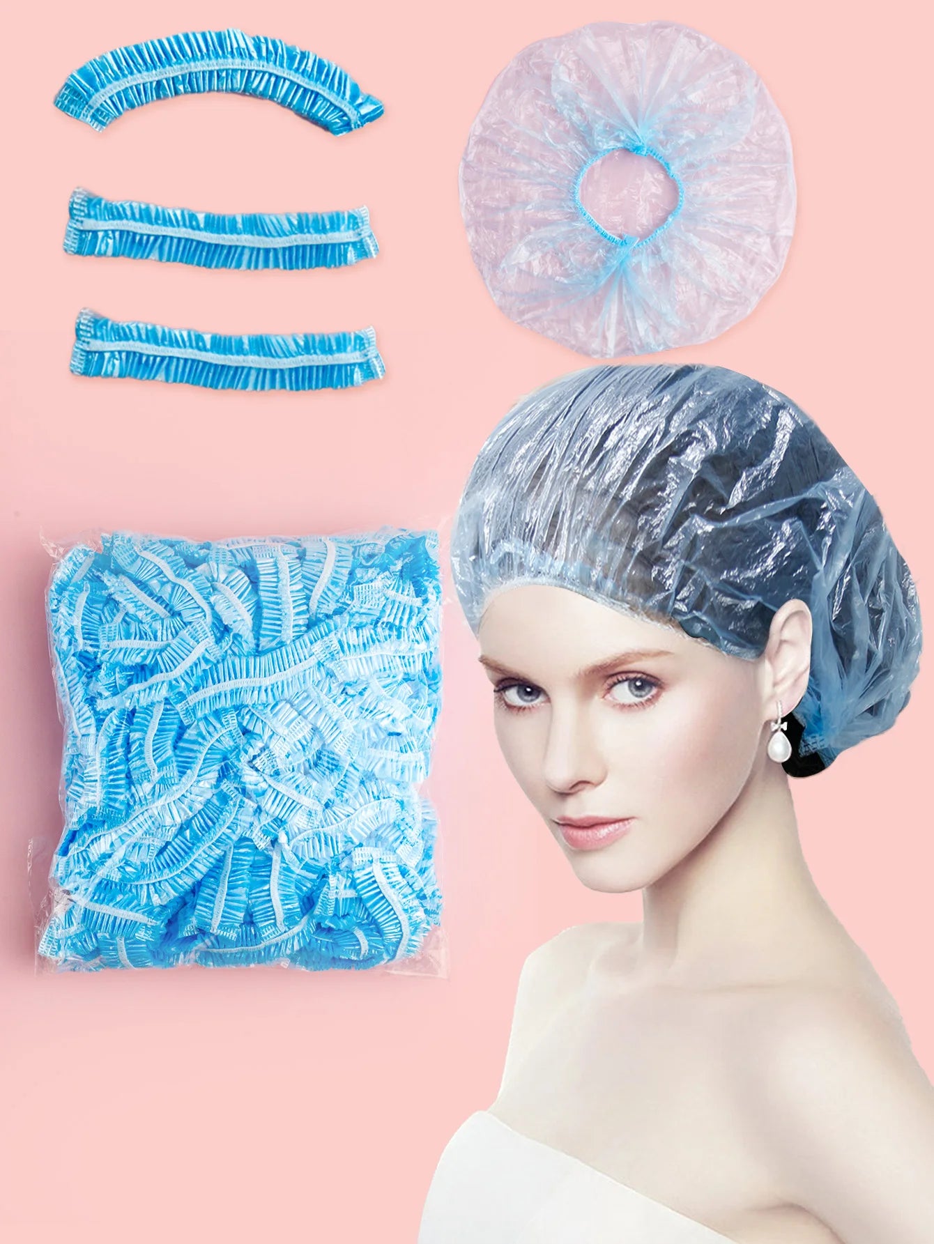 Bonnet de douche jetable 100 pièces, bande en plastique transparente, bonnet de beauté et de cheveux imperméable, agrandi et épaissi pour hôtels