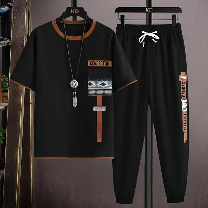 Ensemble de jogging pour hommes, tenue de mode coréenne, t-shirt imprimé, pantalon cargo multi-poches, ensemble de 2 pièces, vêtements Mne d'été, nouveau, 2024