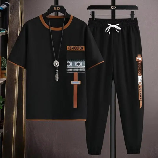 Ensemble de jogging pour hommes, tenue de mode coréenne, t-shirt imprimé, pantalon cargo multi-poches, ensemble de 2 pièces, vêtements Mne d'été, nouveau, 2024