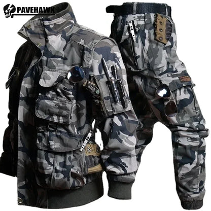 CamSolomon-Ensemble veste et pantalon cargo multi-poches pour homme, résistant à l'usure, coupe-vent, imbibé, entraînement en plein air, chasse, nouveau, 2 pièces