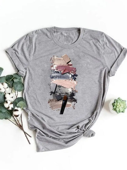 T-shirt manches courtes pour femmes, vêtement basique, haut d'été, maquillage rayé, joli et mignon, imprimé, à la mode, graphique