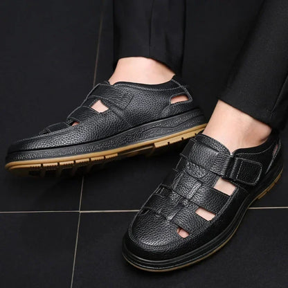 Mocassins ajourés en cuir faits à la main pour hommes, chaussures d'été décontractées, sandales classiques, chaussures plates de marche en plein air, respirantes