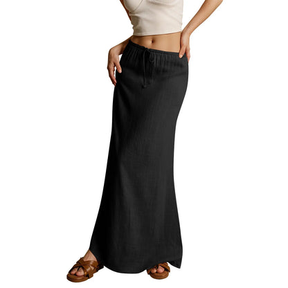 Jupe longue d'été pour femmes, cordon de serrage, taille basse, ligne A, jupe décontractée, taille haute élastique, moulante, longue, jupes pour femmes